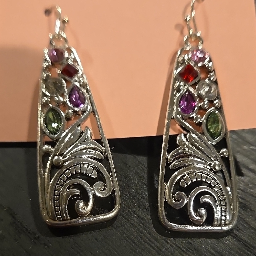 Natural Reflections Silver Earrings with Red, Purple, and Green Accents